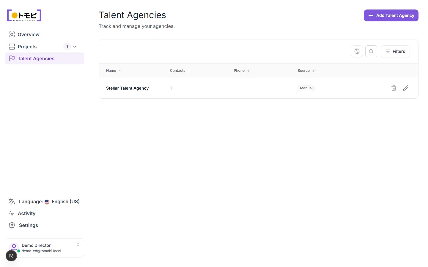 The Talent Agencies page showing Stellar Talent Agency with 1 contact and a Manual source