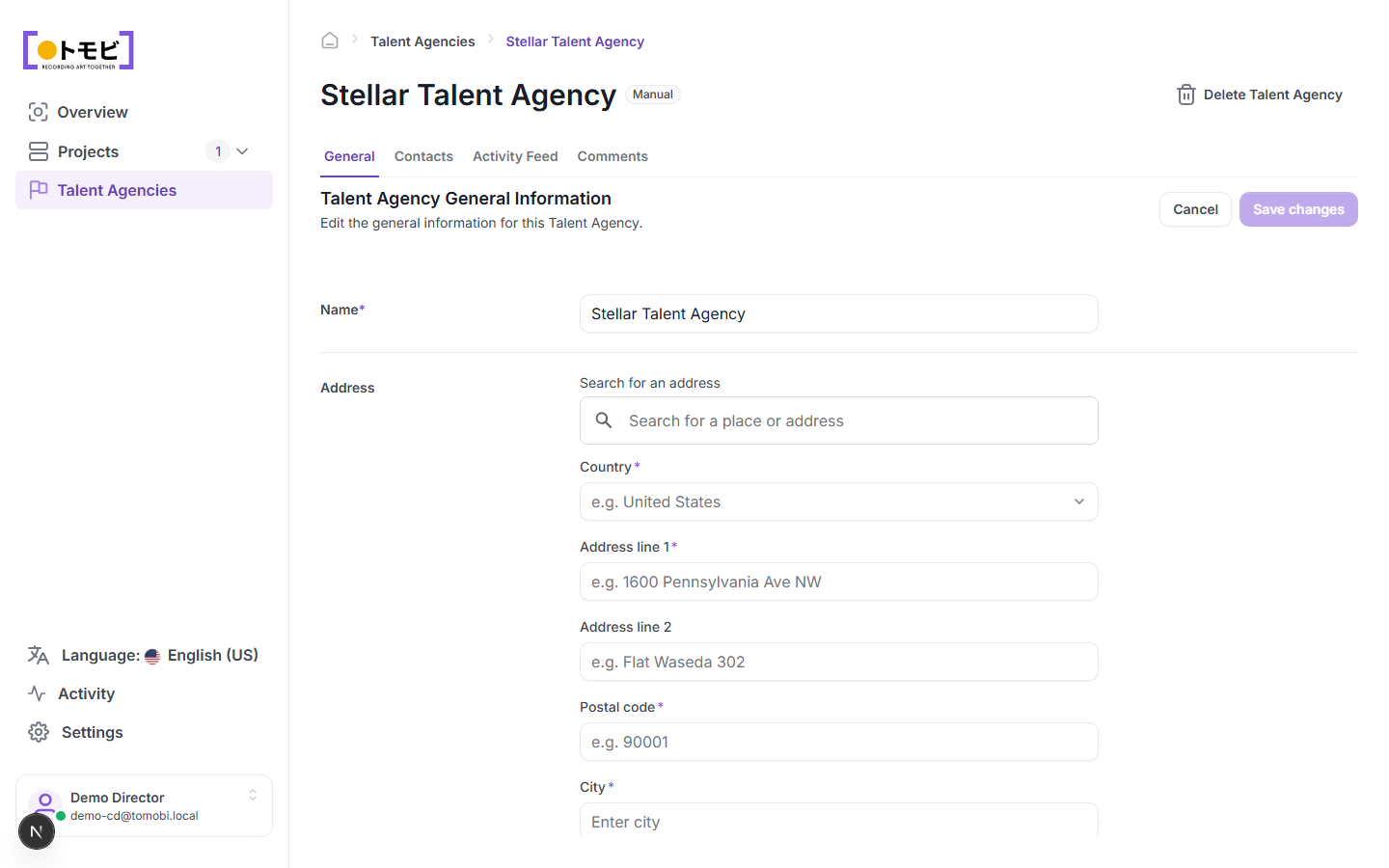 The Stellar Talent Agency detail page with the General tab open showing the name and address form, and the General / Contacts / Activity Feed / Comments tabs visible at the top