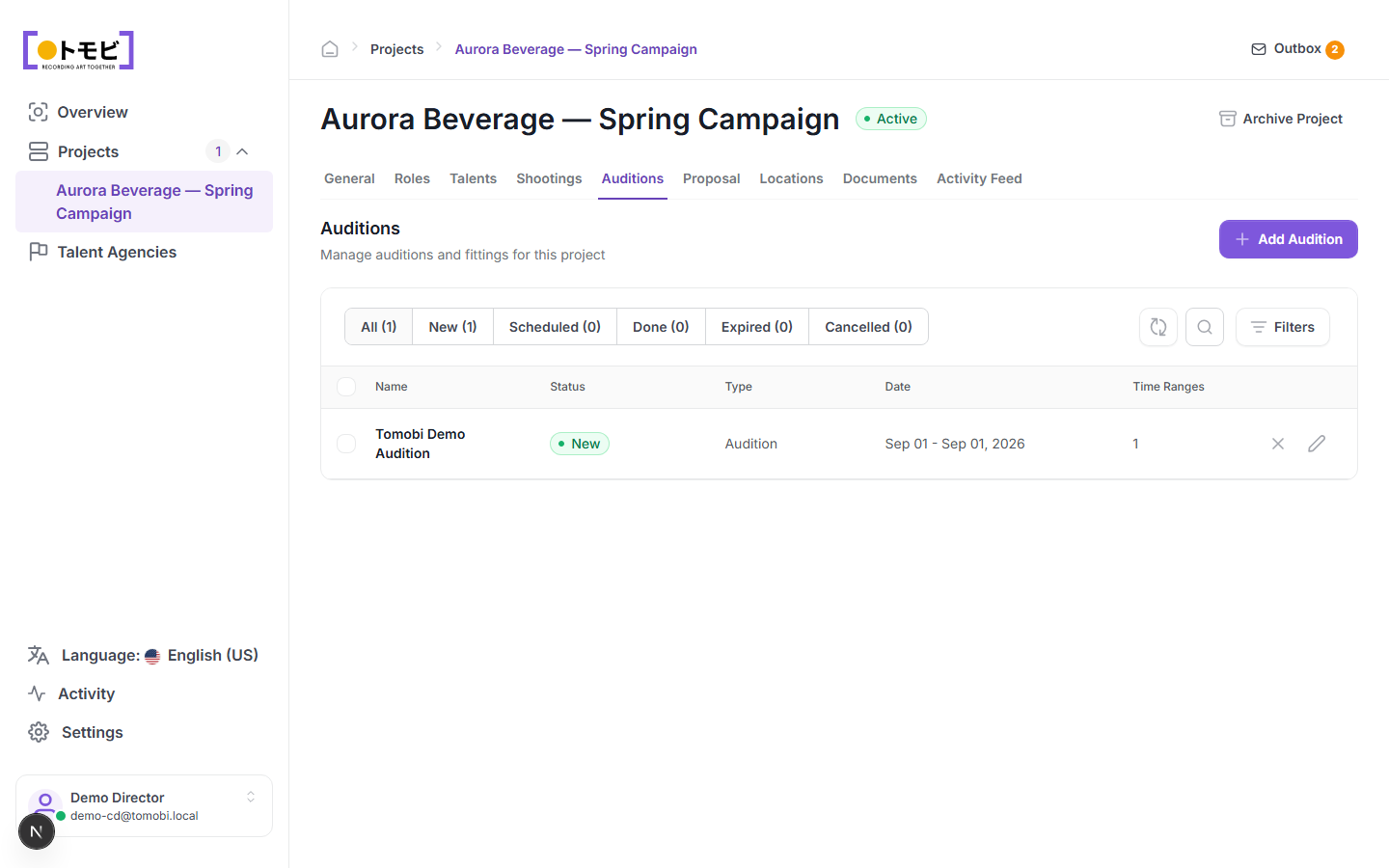 The Auditions tab for Aurora Beverage — Spring Campaign showing the Tomobi Demo Audition with a New status, Audition type, and one time range