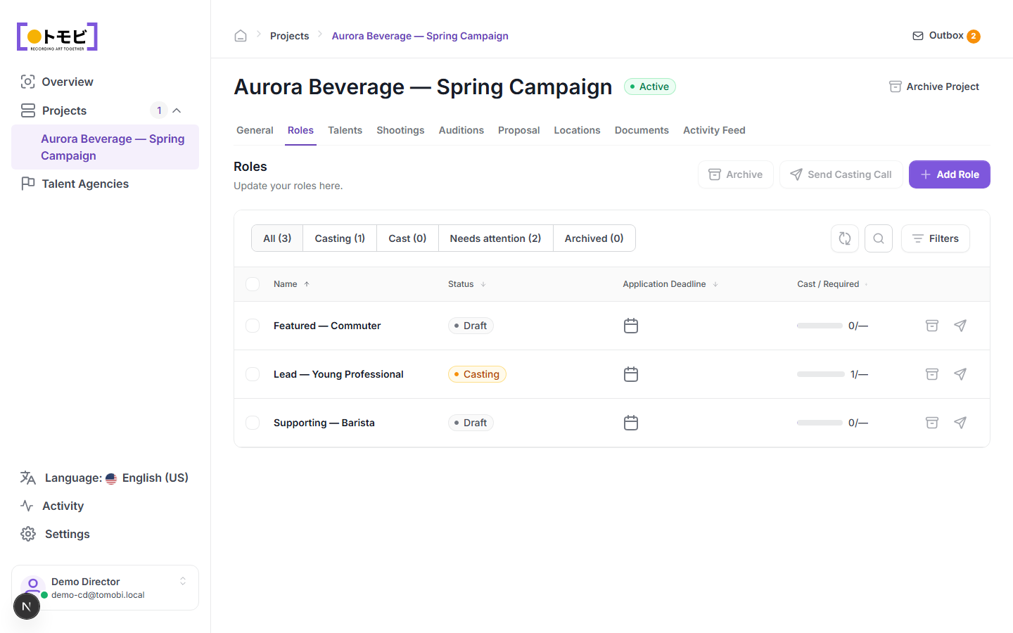 The Roles tab showing the Send Casting Call button, with Lead — Young Professional already in Casting status
