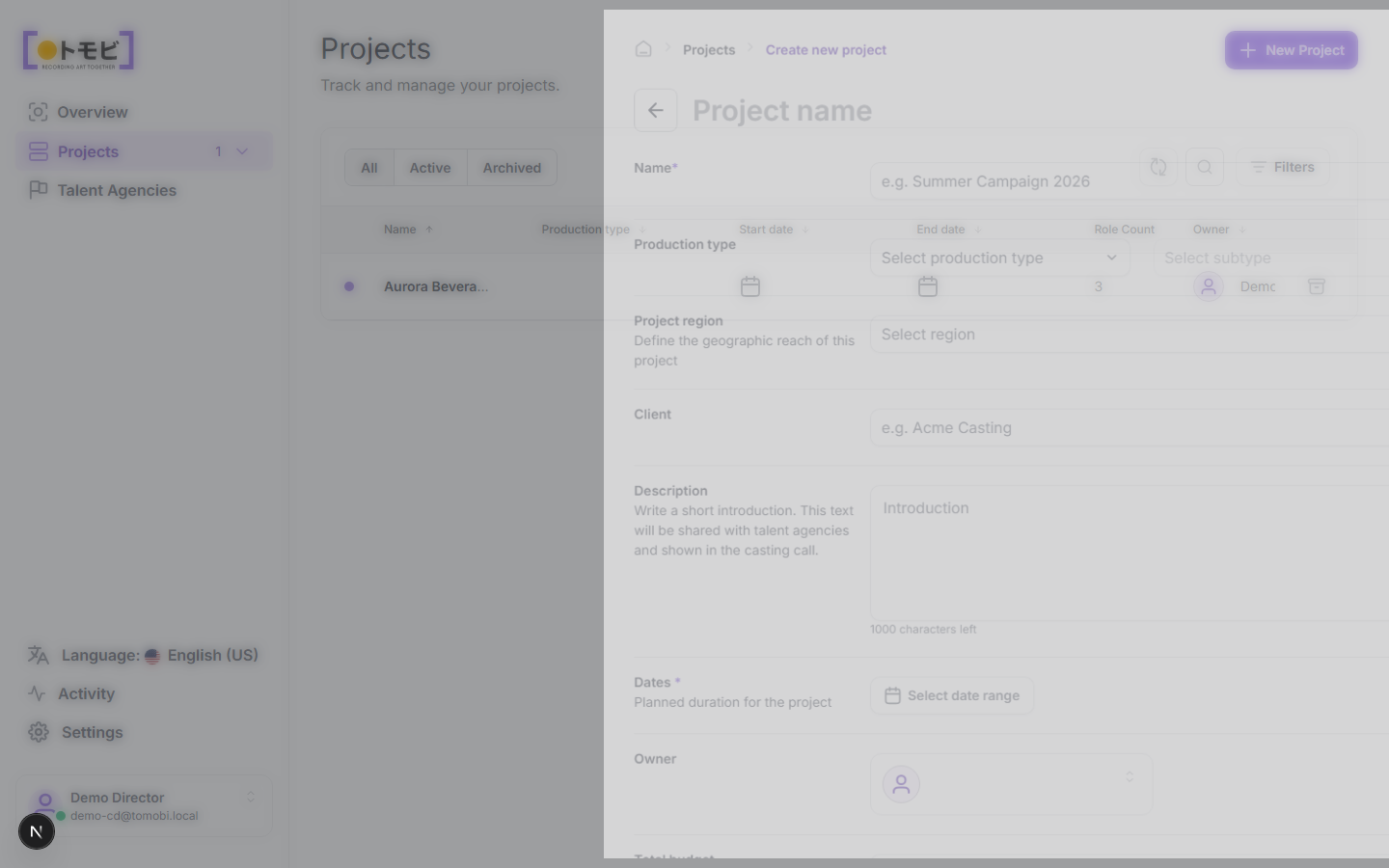 The projects list with the New Project button visible