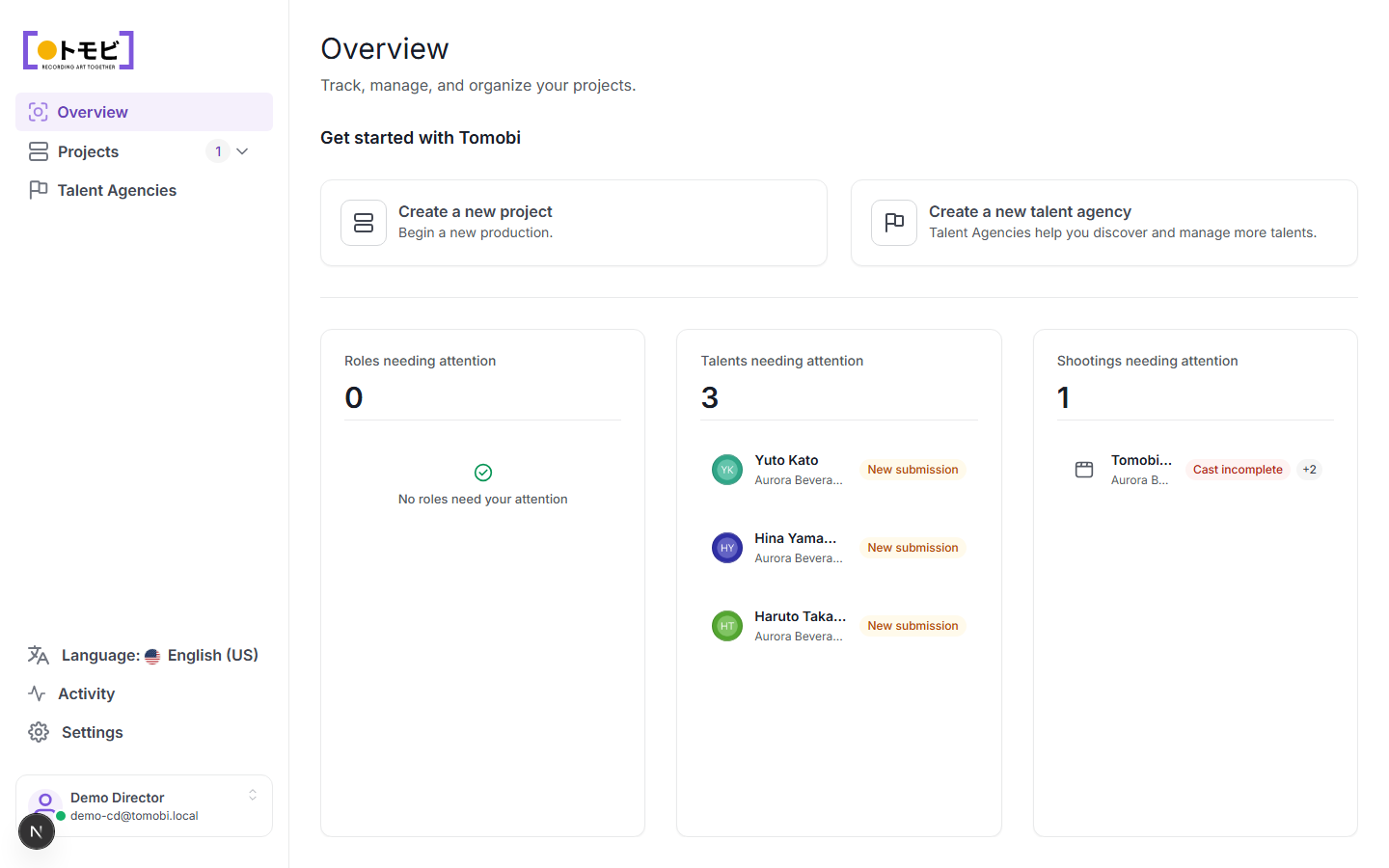 The Tomobi casting director overview screen showing attention cards for roles, talents, and shootings