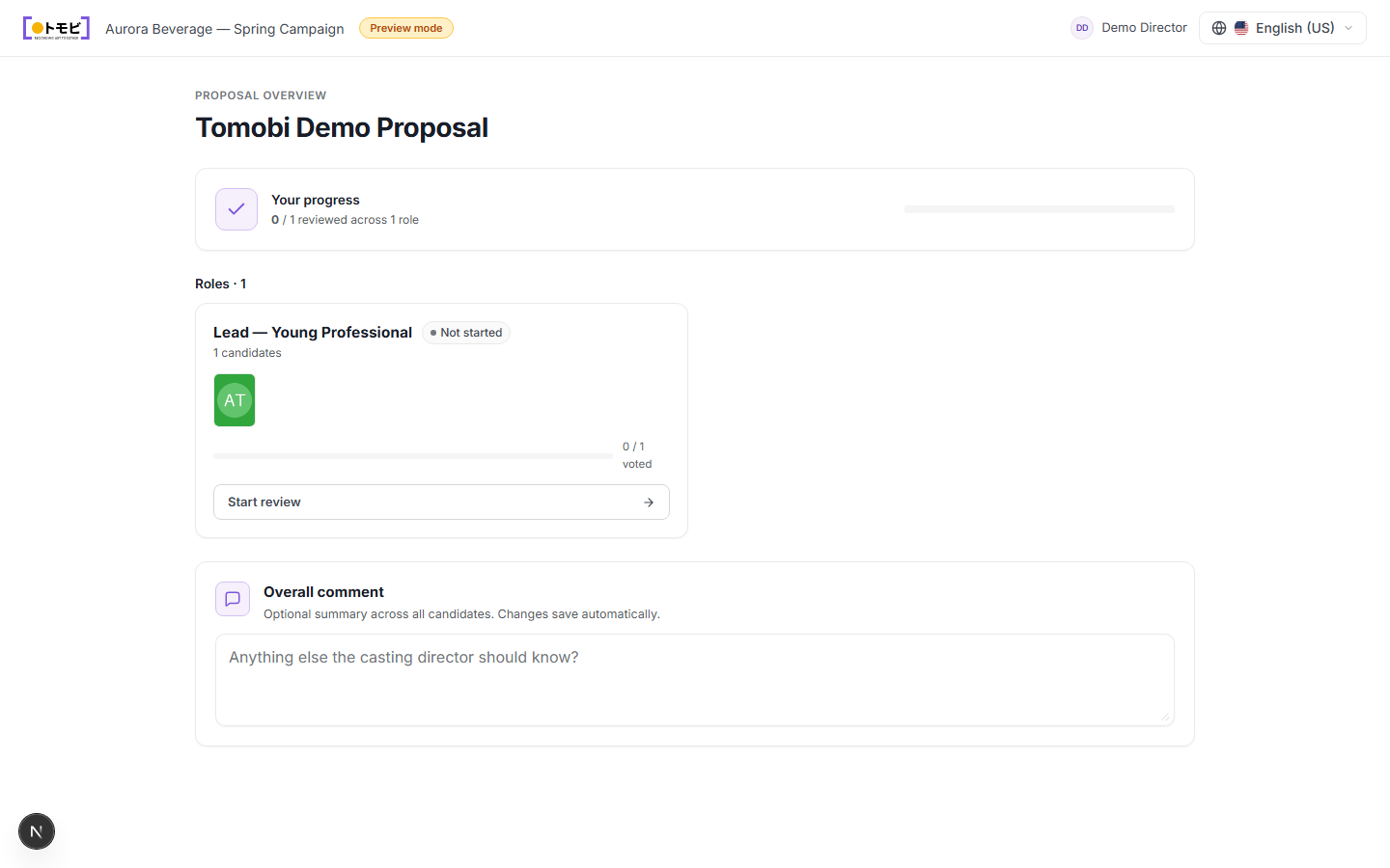 The Tomobi Demo Proposal in preview mode showing a progress bar (0/1 reviewed), one role card for Lead — Young Professional with one candidate and a Start review button, and an Overall comment field