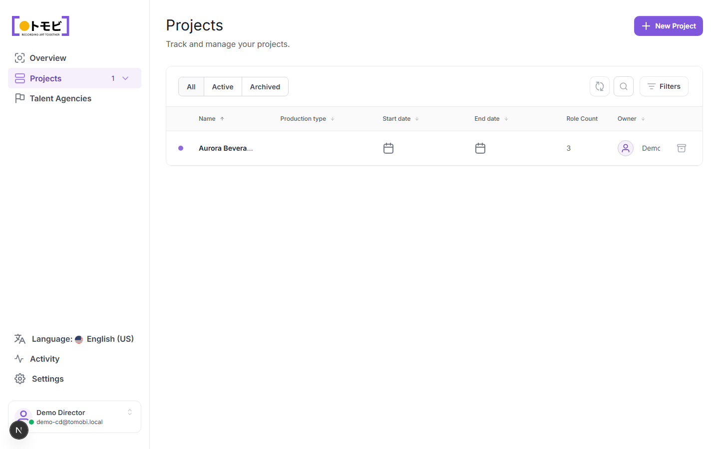 The projects list showing the Aurora Beverage — Spring Campaign project with three roles