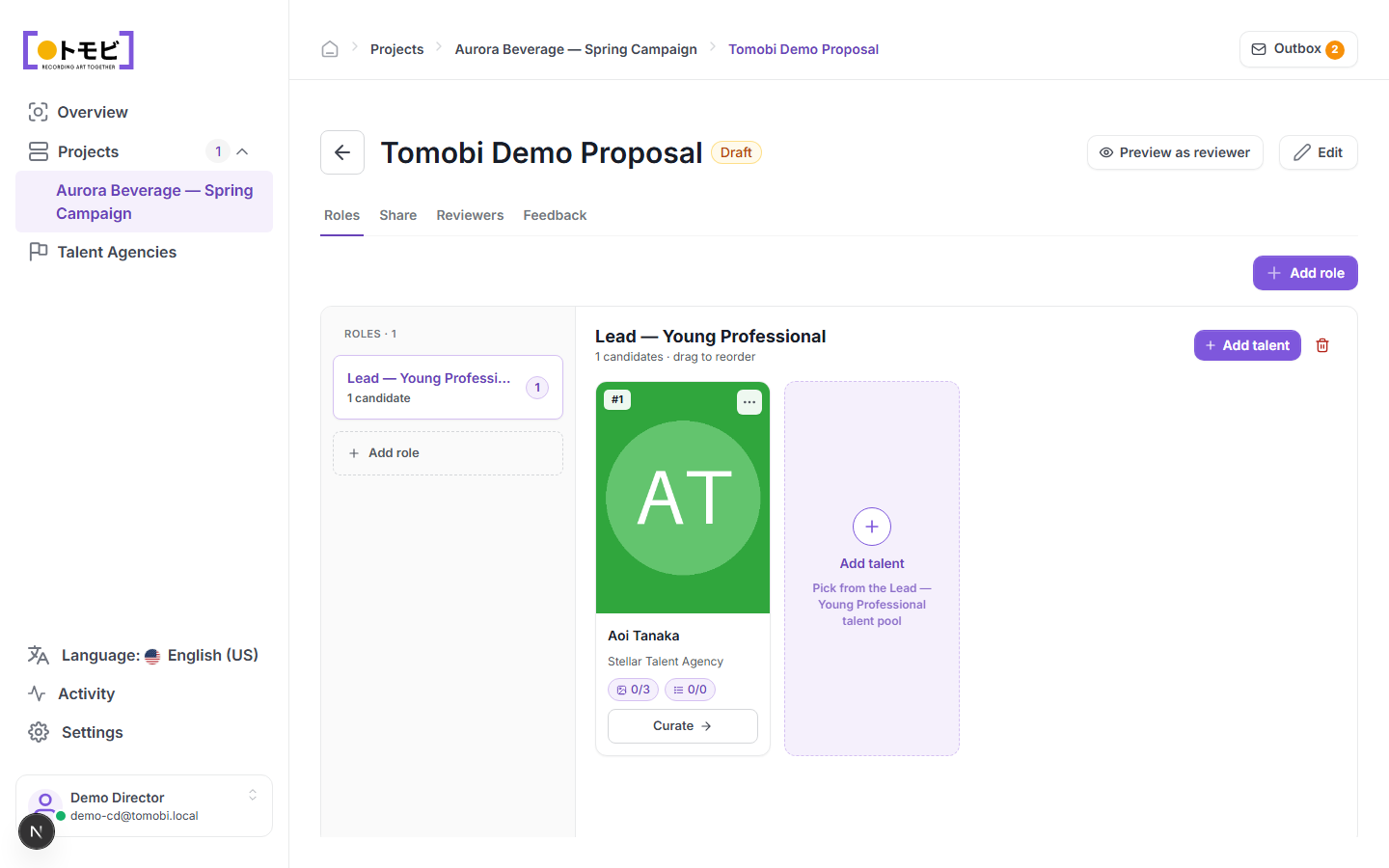 The Tomobi Demo Proposal showing one role (Lead — Young Professional) with Aoi Tanaka as a candidate and an Add talent placeholder