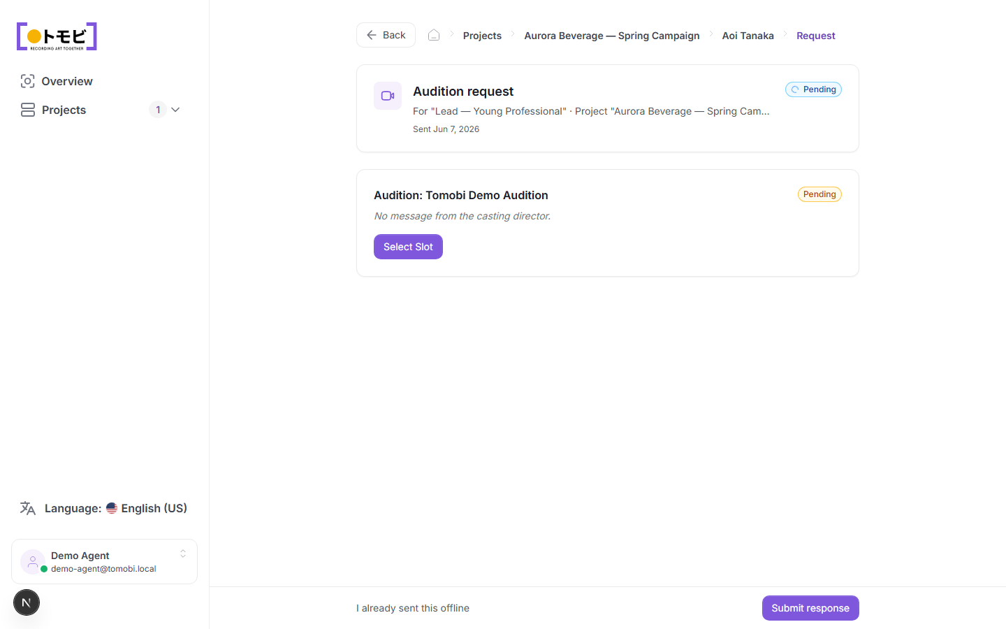 Audition request page showing request details and a Select Slot button with Submit response at the bottom
