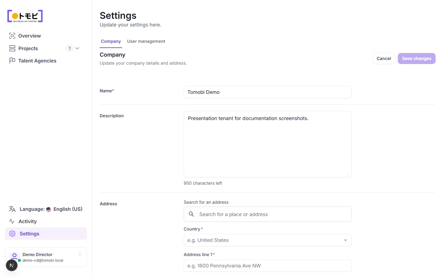The Settings page showing the Company tab with the name "Tomobi Demo" and a description field, and the User management tab visible alongside it