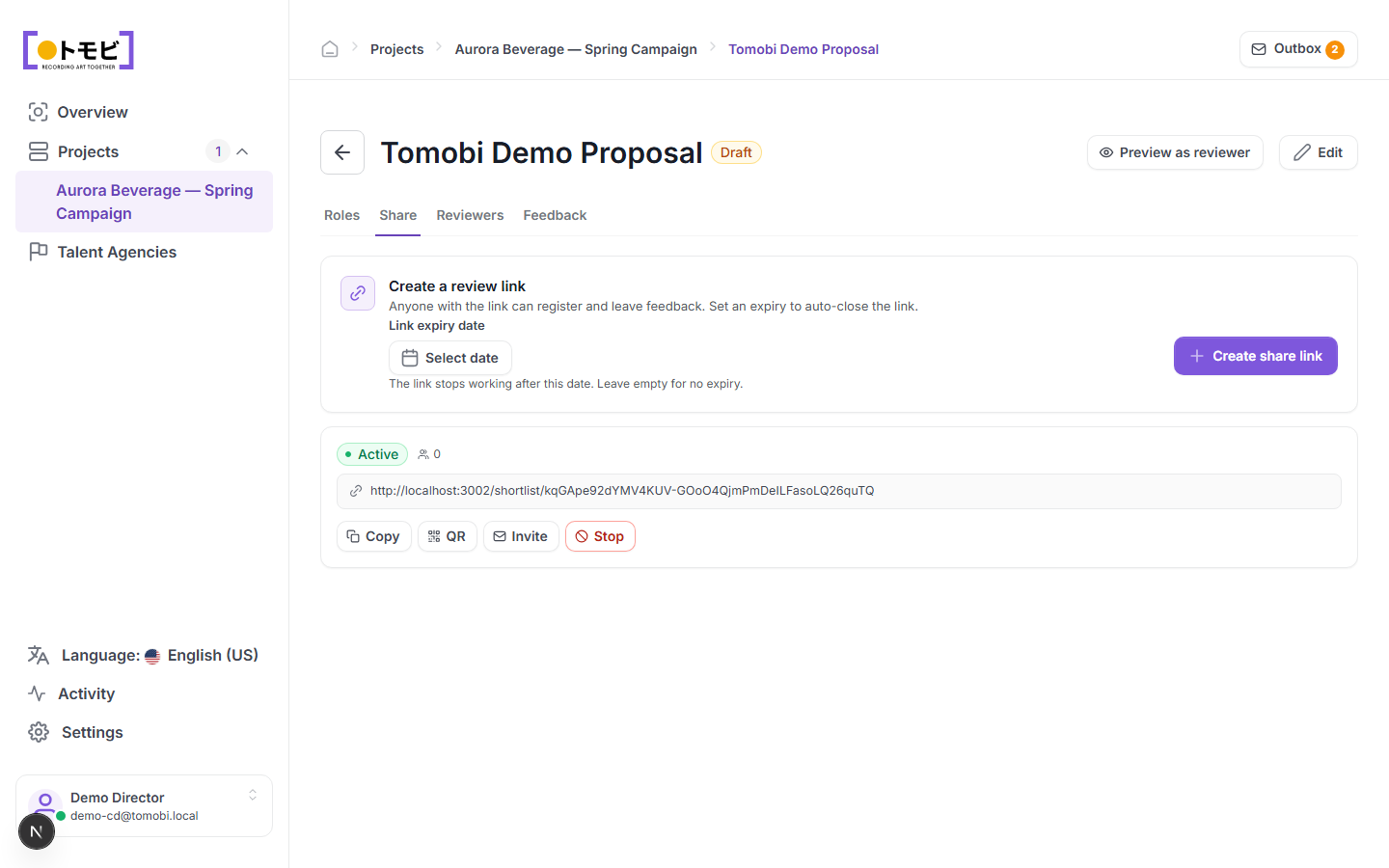 The proposal page with the Share tab and reviewer link controls