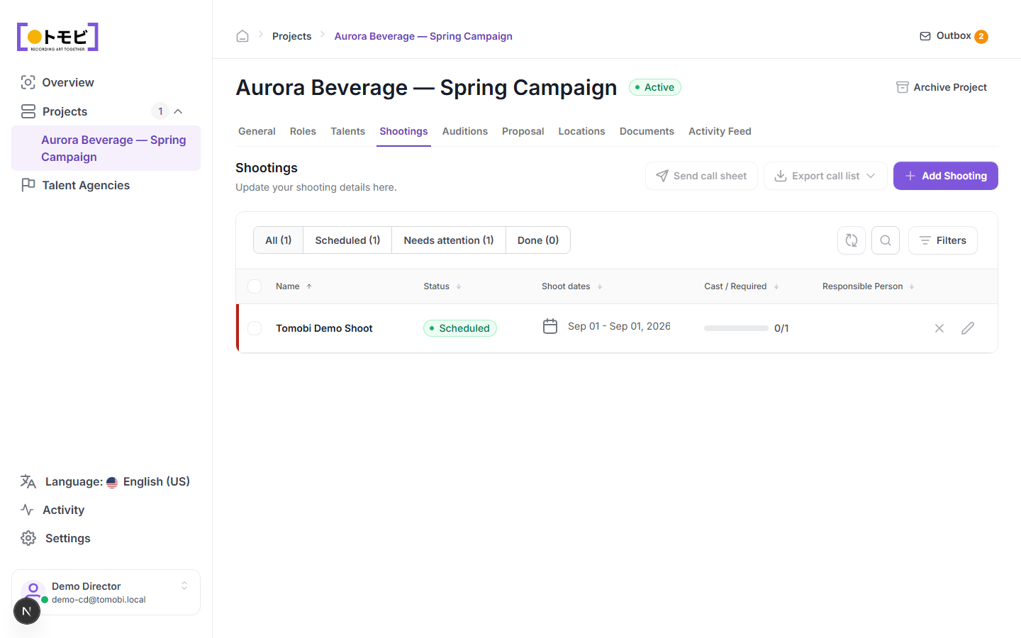 The Shootings tab for Aurora Beverage — Spring Campaign showing one scheduled shooting: Tomobi Demo Shoot on Sep 01 2026 with 0/1 cast