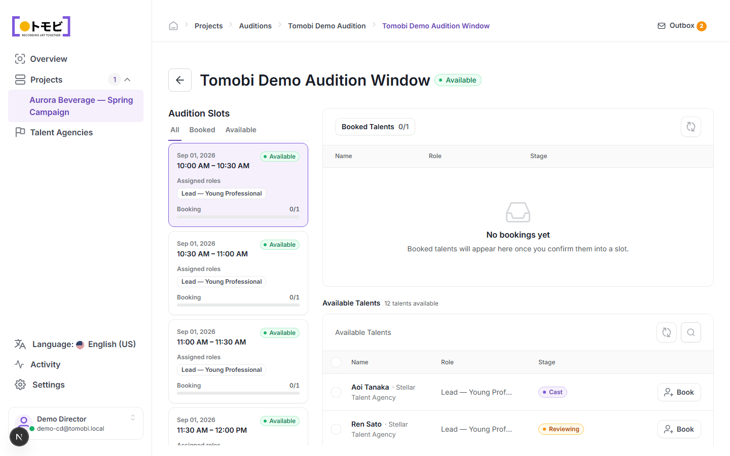 The Tomobi Demo Audition Window showing four 30-minute slots on the left (all Available, 0/1 booked, assigned to Lead — Young Professional) and an Available Talents list on the right with Aoi Tanaka and Ren Sato from Stellar Talent Agency