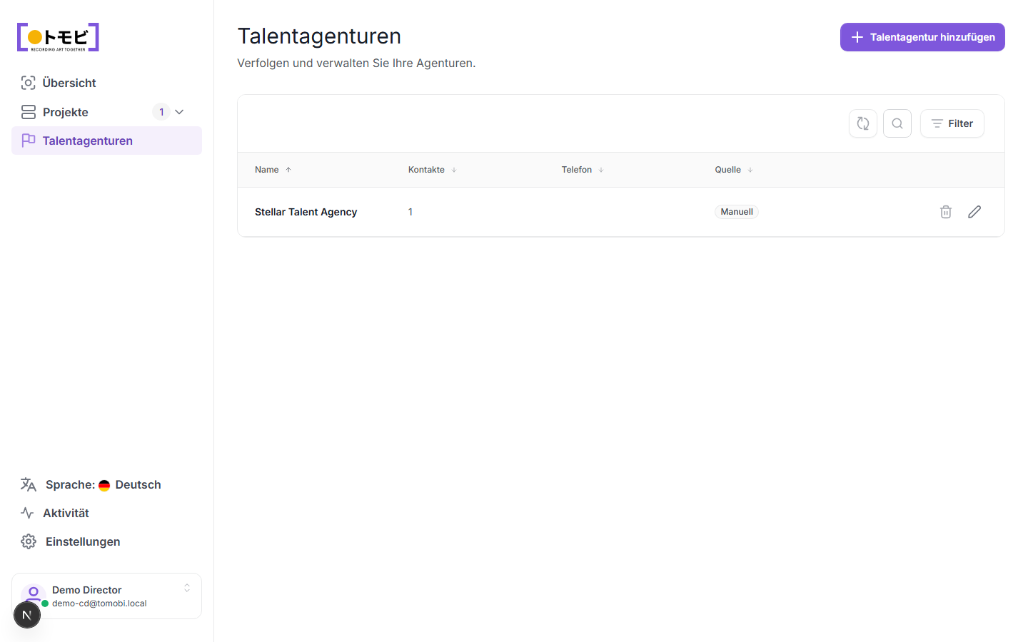 Die Seite „Talentagenturen" zeigt Stellar Talent Agency mit 1 Kontakt und der Quelle „Manual"
