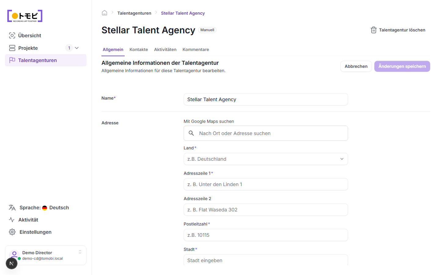Die Detailseite von Stellar Talent Agency mit geöffnetem Tab „Allgemein", Namens- und Adressformular sowie den sichtbaren Tabs Allgemein / Kontakte / Aktivitätsverlauf / Kommentare oben