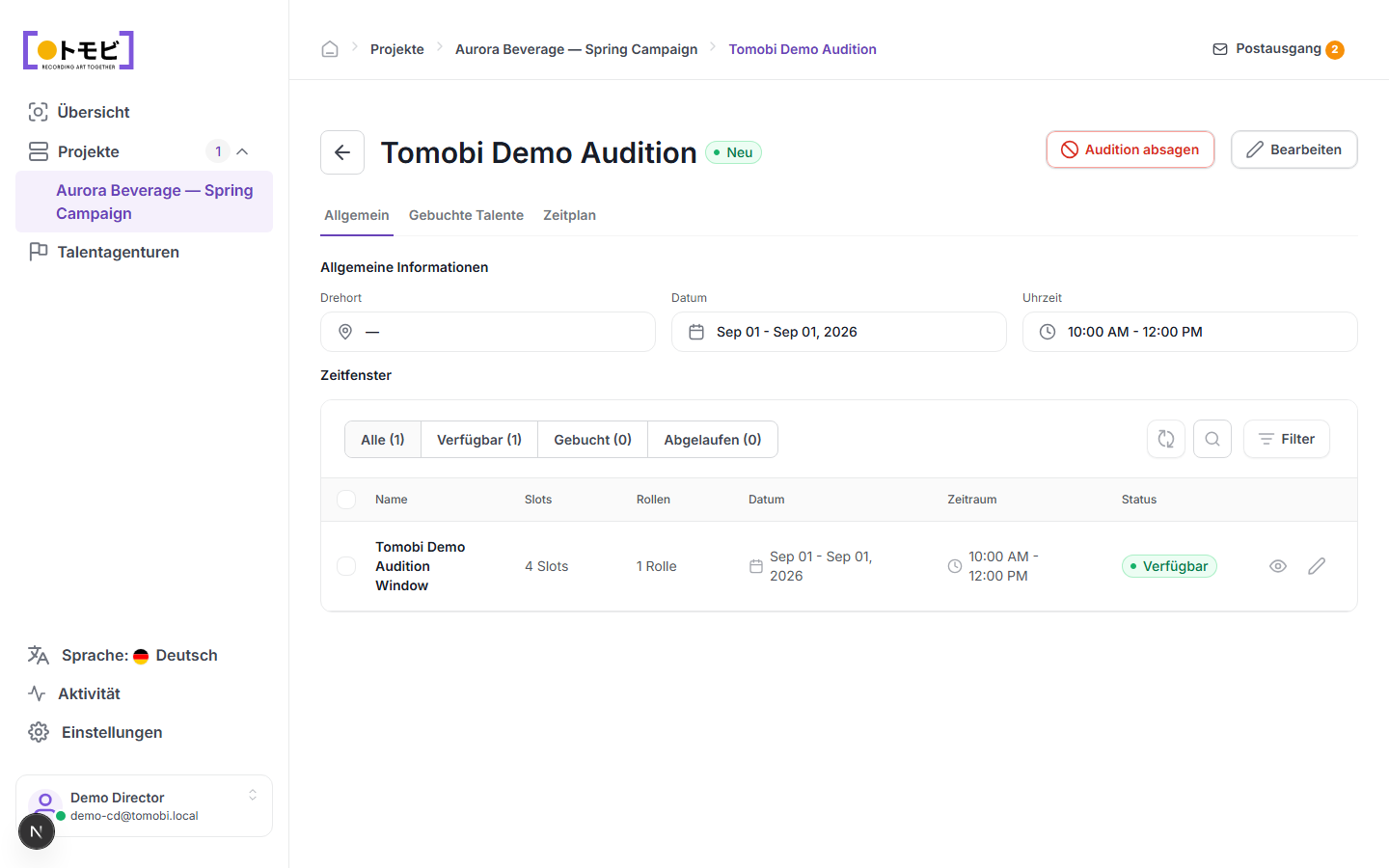 Die Seite „Tomobi Demo Audition" mit allgemeinen Infos, Datum 01. Sep. 2026, Zeit 10:00–12:00 Uhr und einem verfügbaren Zeitfenster mit 4 Slots