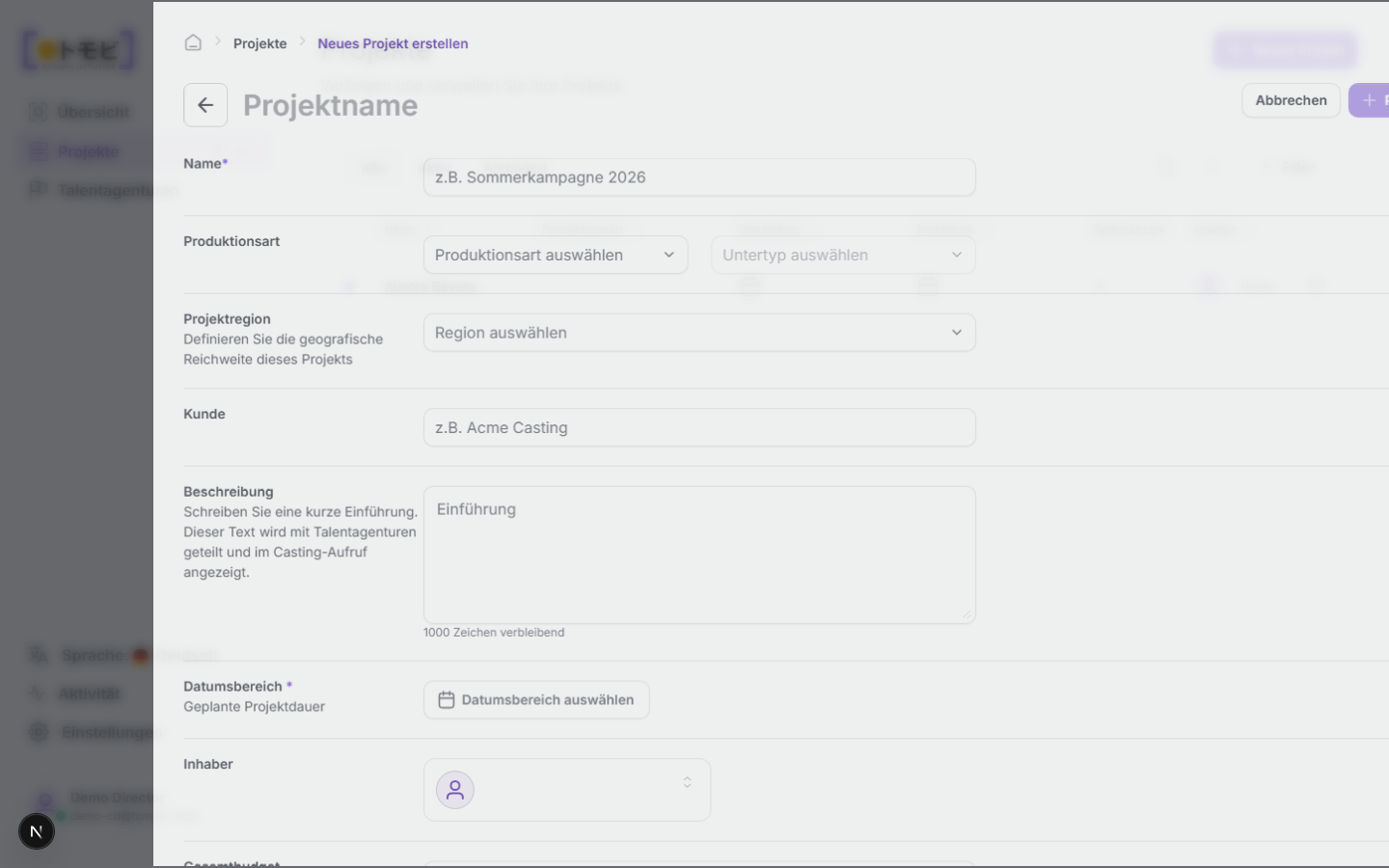 Die Projektliste mit der sichtbaren Schaltfläche „Neues Projekt"