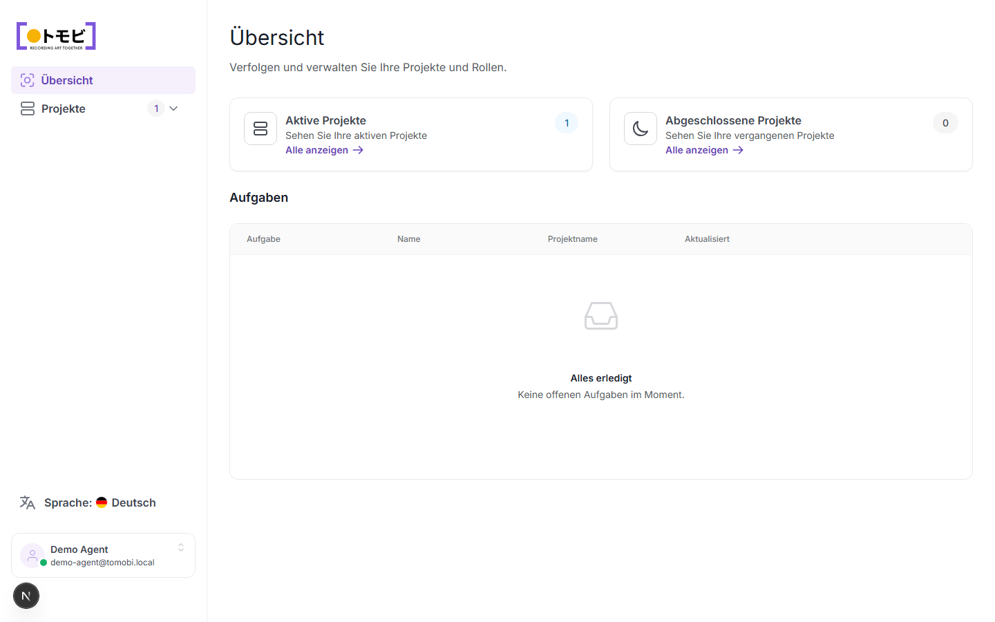 Übersicht des Agentur-Portals mit Anzahl der aktiven Projekte und Aufgabenliste