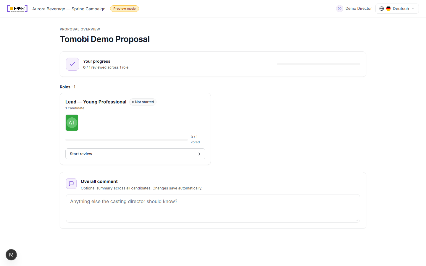 Der „Tomobi Demo Proposal" im Vorschau-Modus mit einem Fortschrittsbalken (0/1 bewertet), einer Rollenkarte für Lead — Young Professional mit einem Kandidaten und einer Schaltfläche „Bewertung starten" sowie einem Feld „Gesamtkommentar"