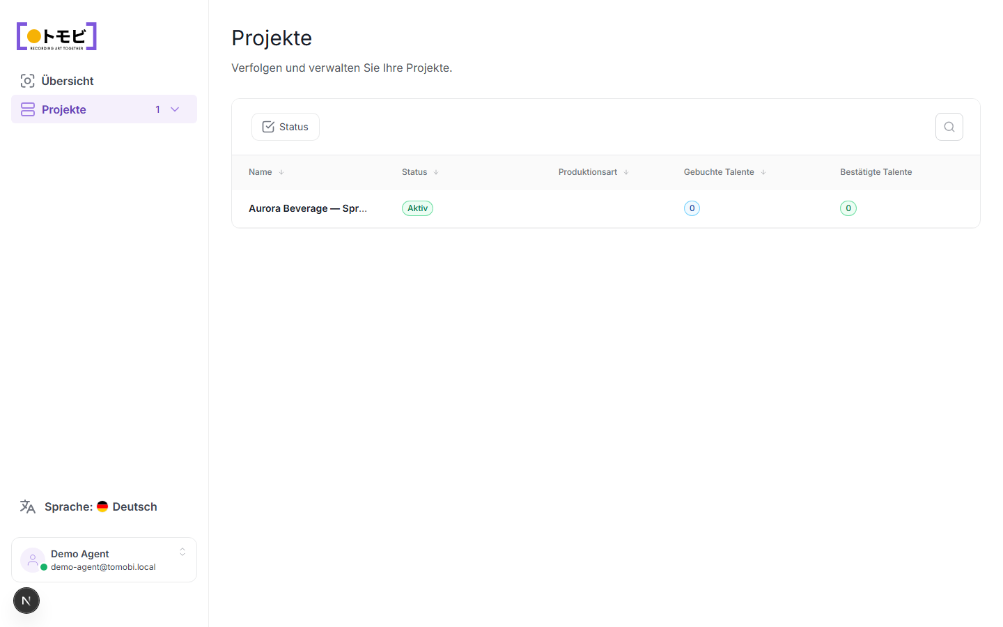 Projektliste mit Tabellenspalten für Name, Status, Produktionstyp, Gebuchte Talente und Bestätigte Talente