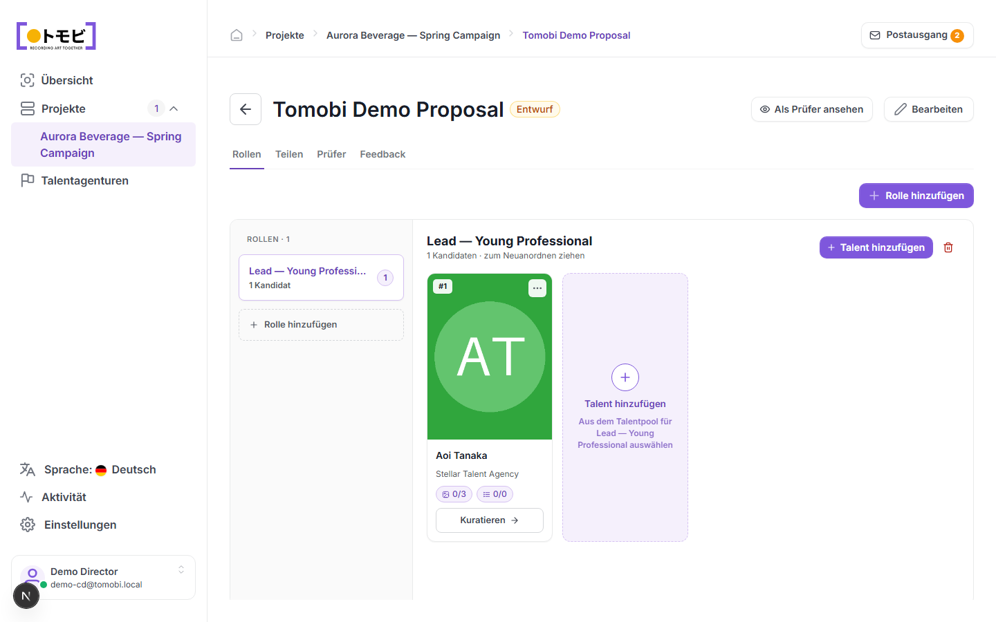 Der „Tomobi Demo Proposal" mit einer Rolle (Lead — Young Professional) mit Aoi Tanaka als Kandidatin und einem Platzhalter „Talent hinzufügen"