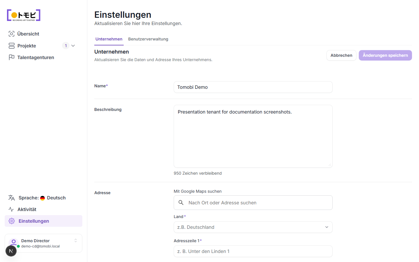 Die Seite „Einstellungen" mit dem Tab „Unternehmen", dem Namen „Tomobi Demo", einem Beschreibungsfeld und dem sichtbaren Tab „Nutzerverwaltung" daneben