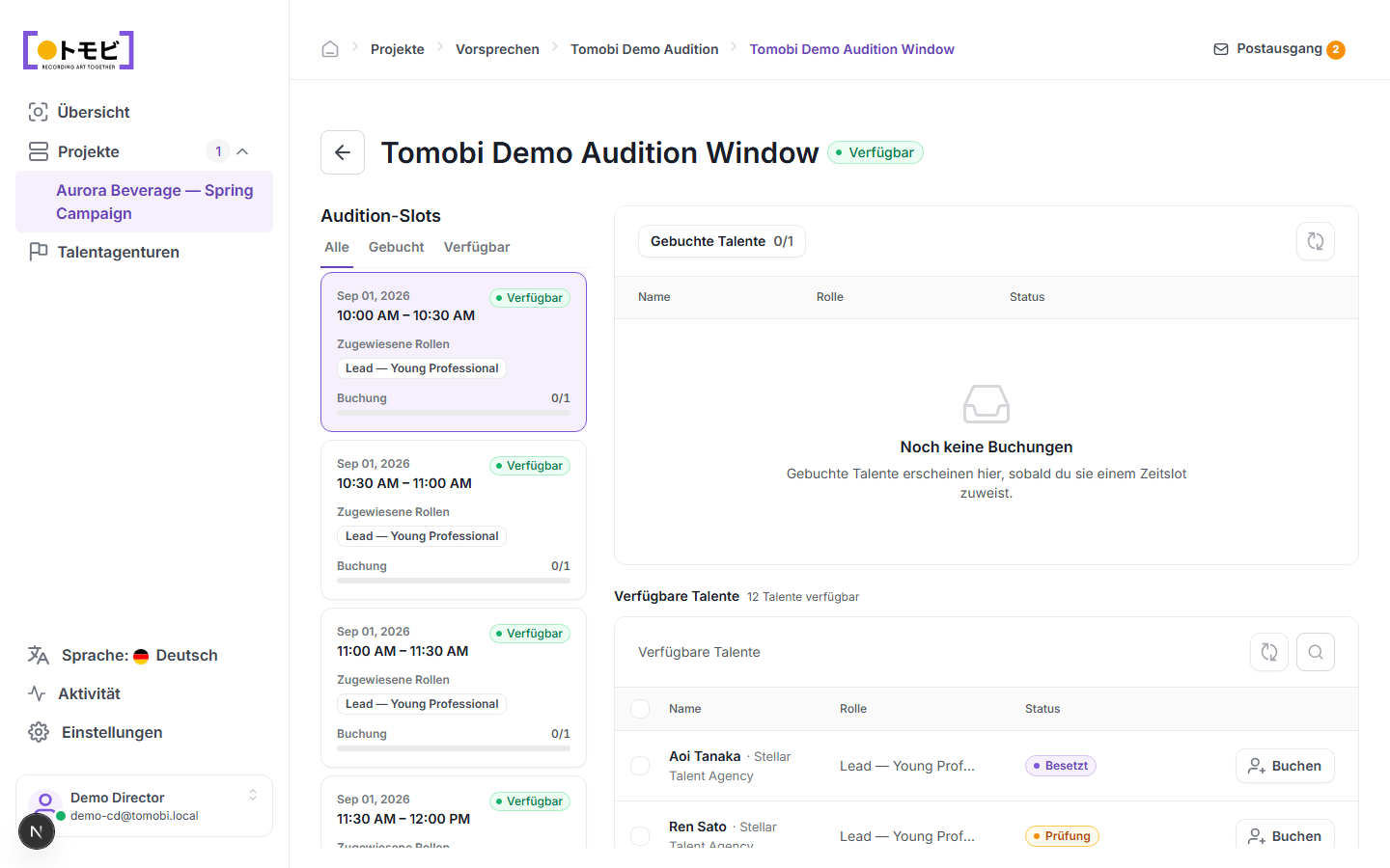 Das Tomobi Demo Audition Window zeigt vier 30-minütige Slots links (alle Verfügbar, 0/1 gebucht, zugewiesen zu Lead — Young Professional) und rechts eine Liste verfügbarer Talente mit Aoi Tanaka und Ren Sato von Stellar Talent Agency