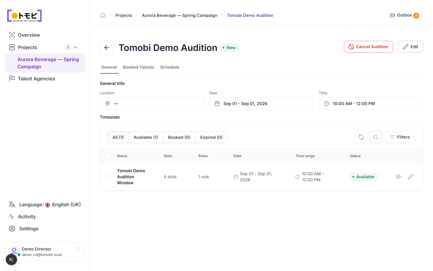 The Tomobi Demo Audition page showing general info, a date of Sep 01 2026, a time of 10:00 AM – 12:00 PM, and one available timeslot window with 4 slots