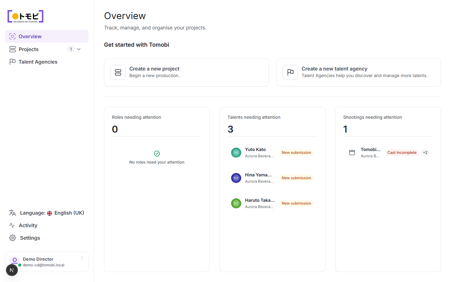 The Tomobi casting director overview screen showing attention cards for roles, talents, and shootings