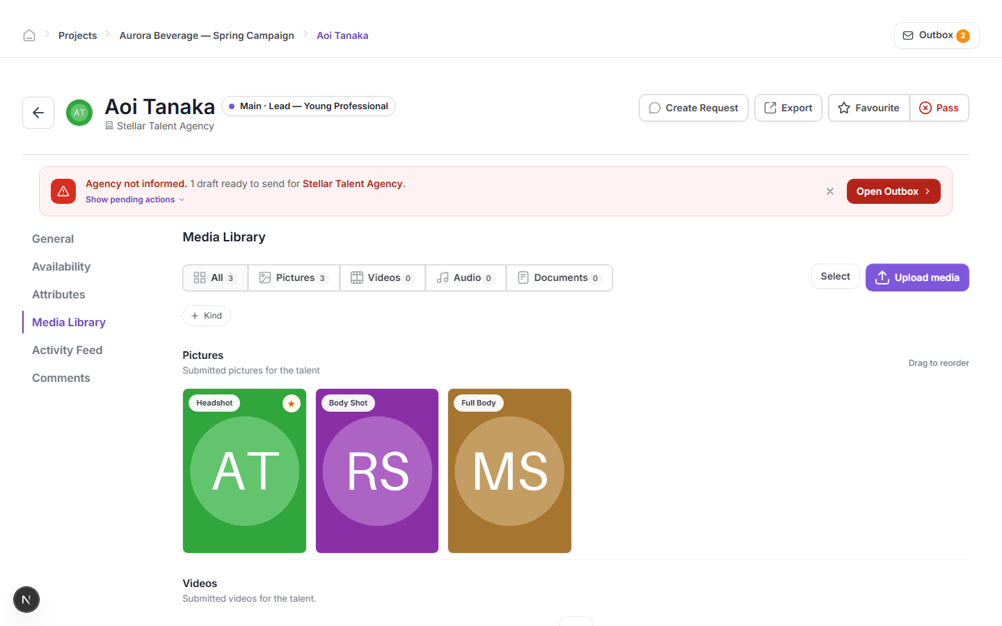 The Media Library tab showing three pictures: a Headshot (starred as profile photo), a Body Shot, and a Full Body image