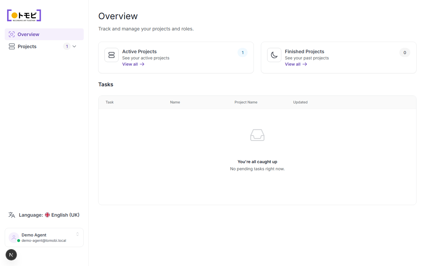 Agency portal overview showing active projects count and tasks list