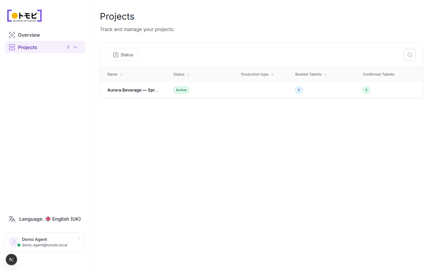Projects list showing table columns for Name, Status, Production type, Booked Talents, and Confirmed Talents