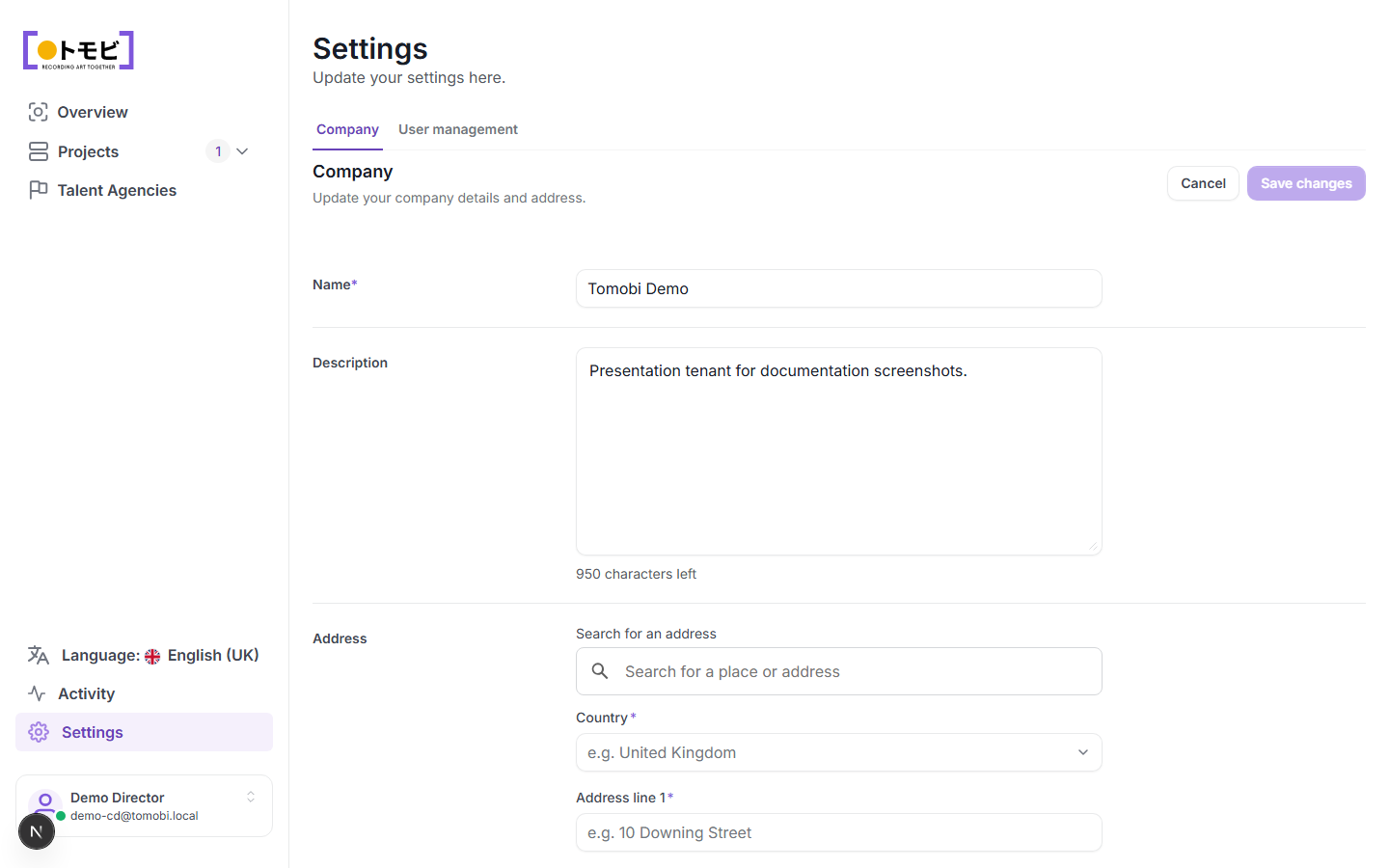The Settings page showing the Company tab with the name "Tomobi Demo" and a description field, and the User management tab visible alongside it