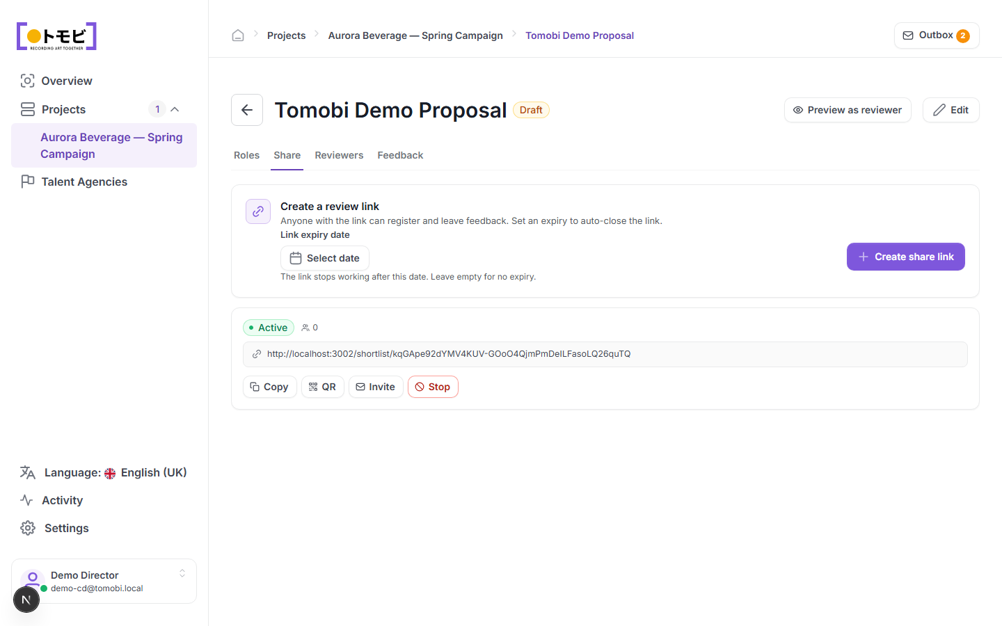 The proposal page with the Share tab and reviewer link controls