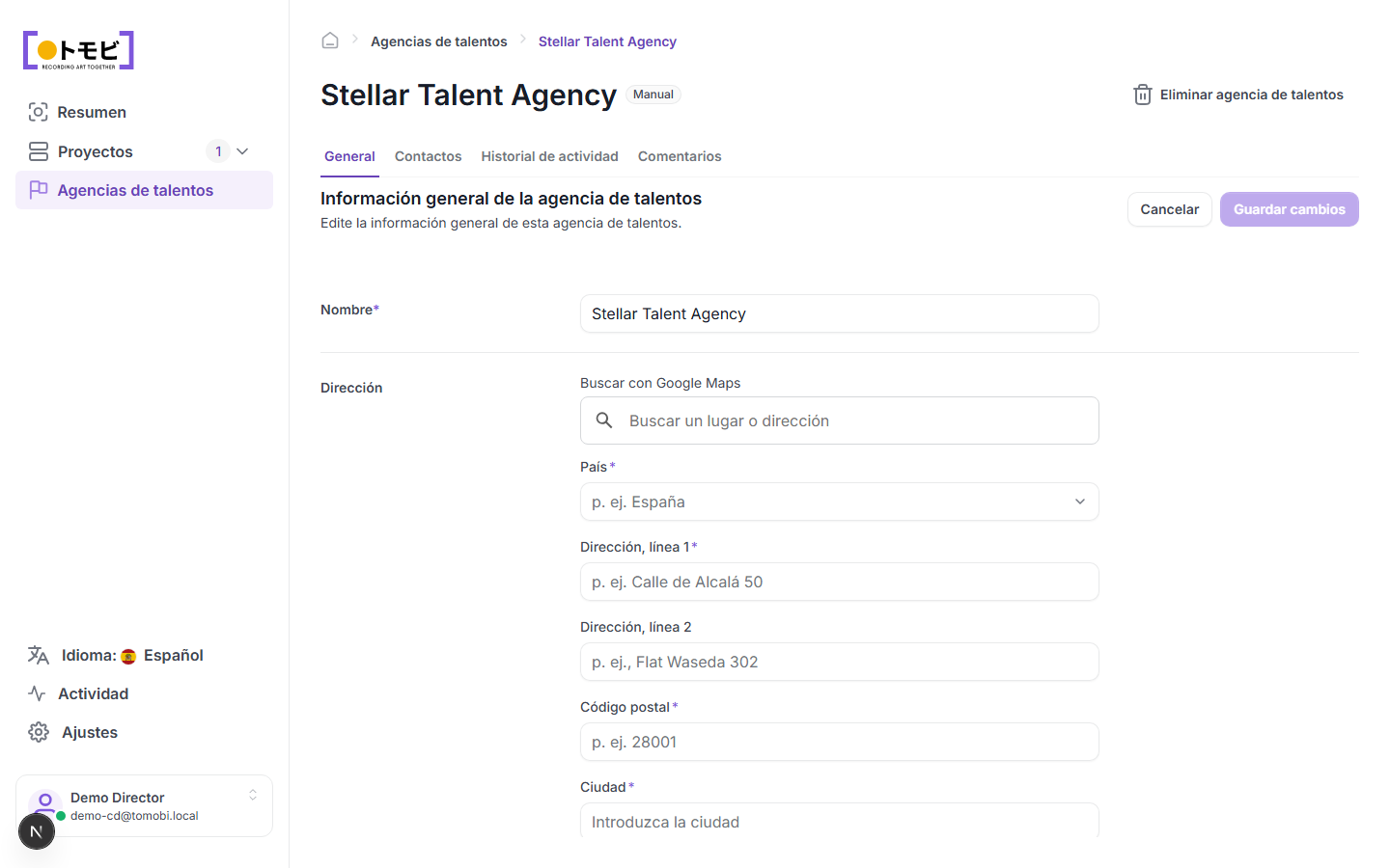 La página de detalle de Stellar Talent Agency con la pestaña General abierta mostrando el formulario de nombre y dirección, y las pestañas General / Contactos / Registro de actividad / Comentarios visibles en la parte superior