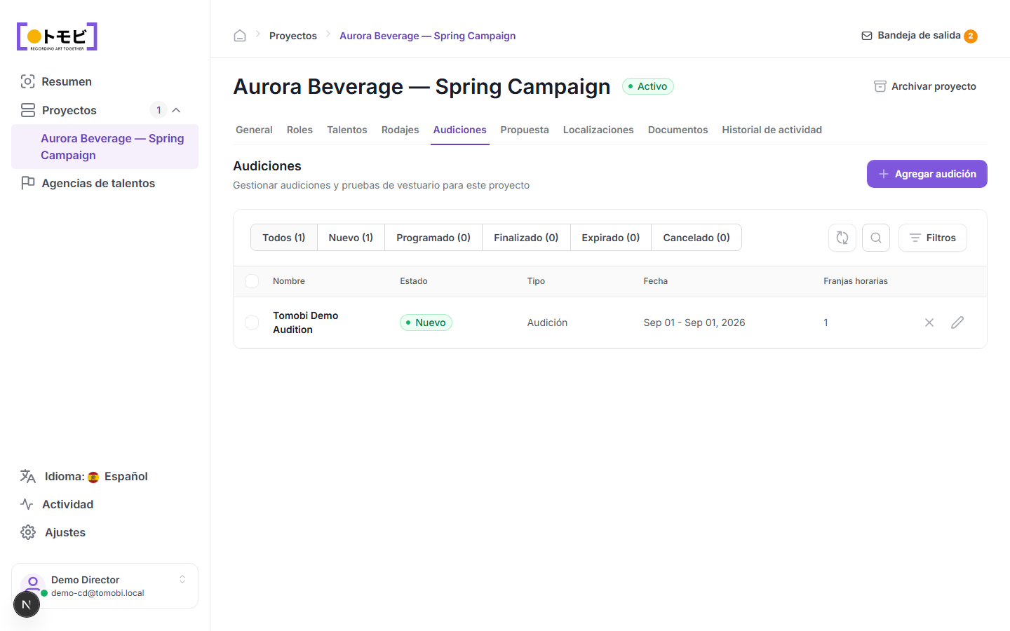 La pestaña Audiciones para Aurora Beverage — Spring Campaign mostrando la Tomobi Demo Audition con estado Nueva, tipo Audición y un rango de tiempo