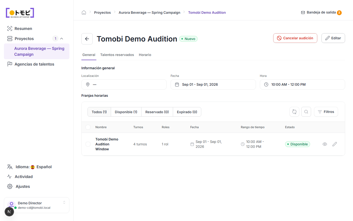 Página de la Tomobi Demo Audition mostrando información general, fecha 1 de sep. de 2026, horario de 10:00 a 12:00 y una ventana de espacio disponible con 4 plazas