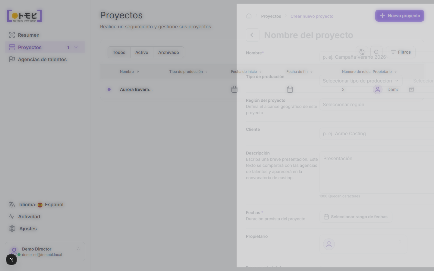 Lista de proyectos con el botón Nuevo proyecto visible