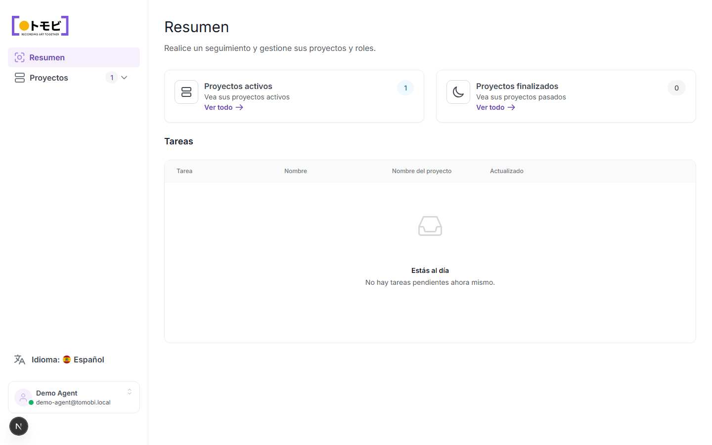 Resumen del portal de agencias mostrando el número de proyectos activos y la lista de tareas