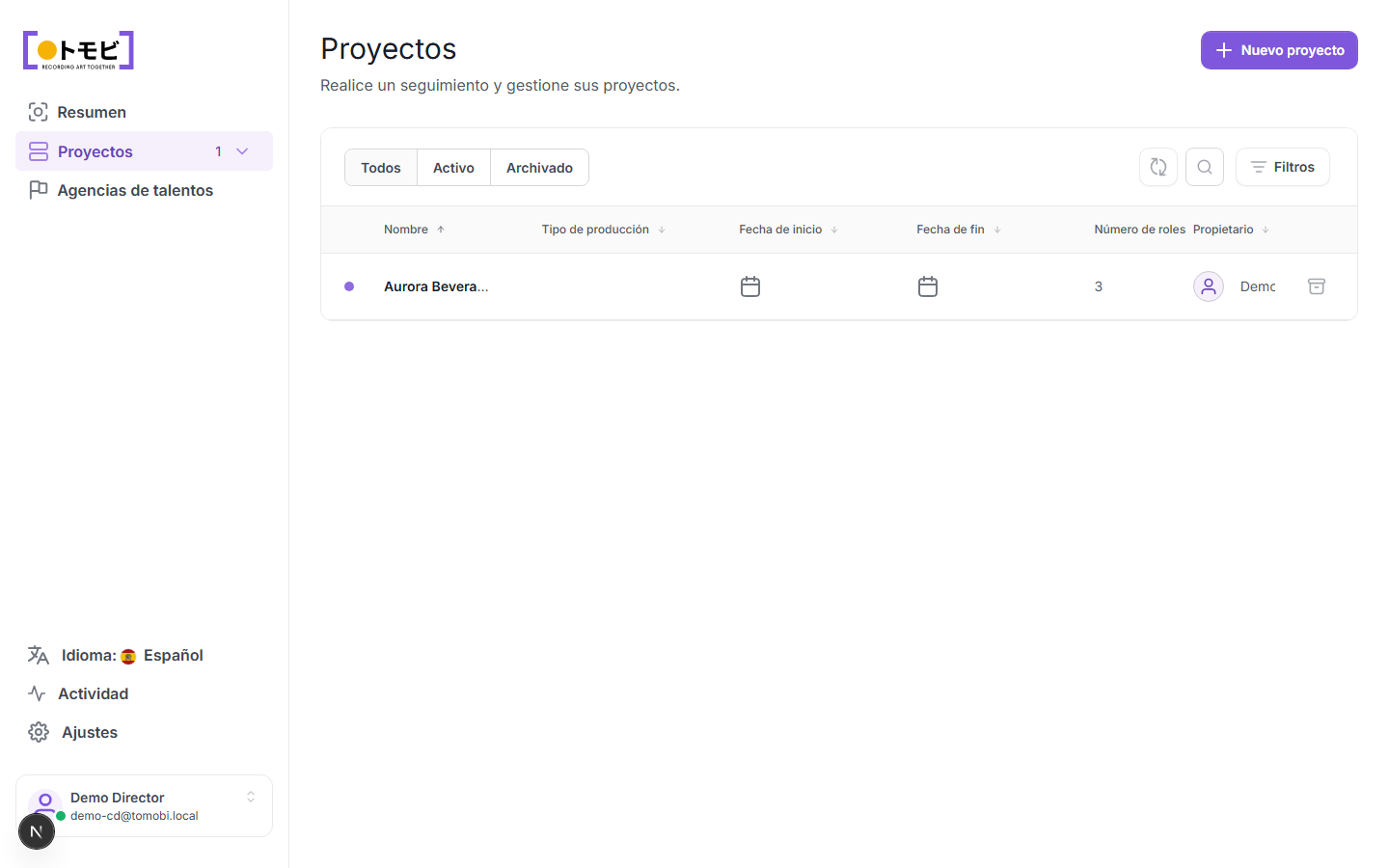 Lista de proyectos con el proyecto Aurora Beverage — Spring Campaign y tres roles