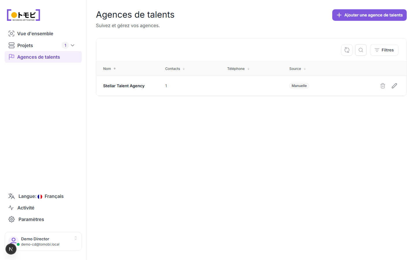 La page Agences de talents affichant Stellar Talent Agency avec 1 contact et une source Manuel