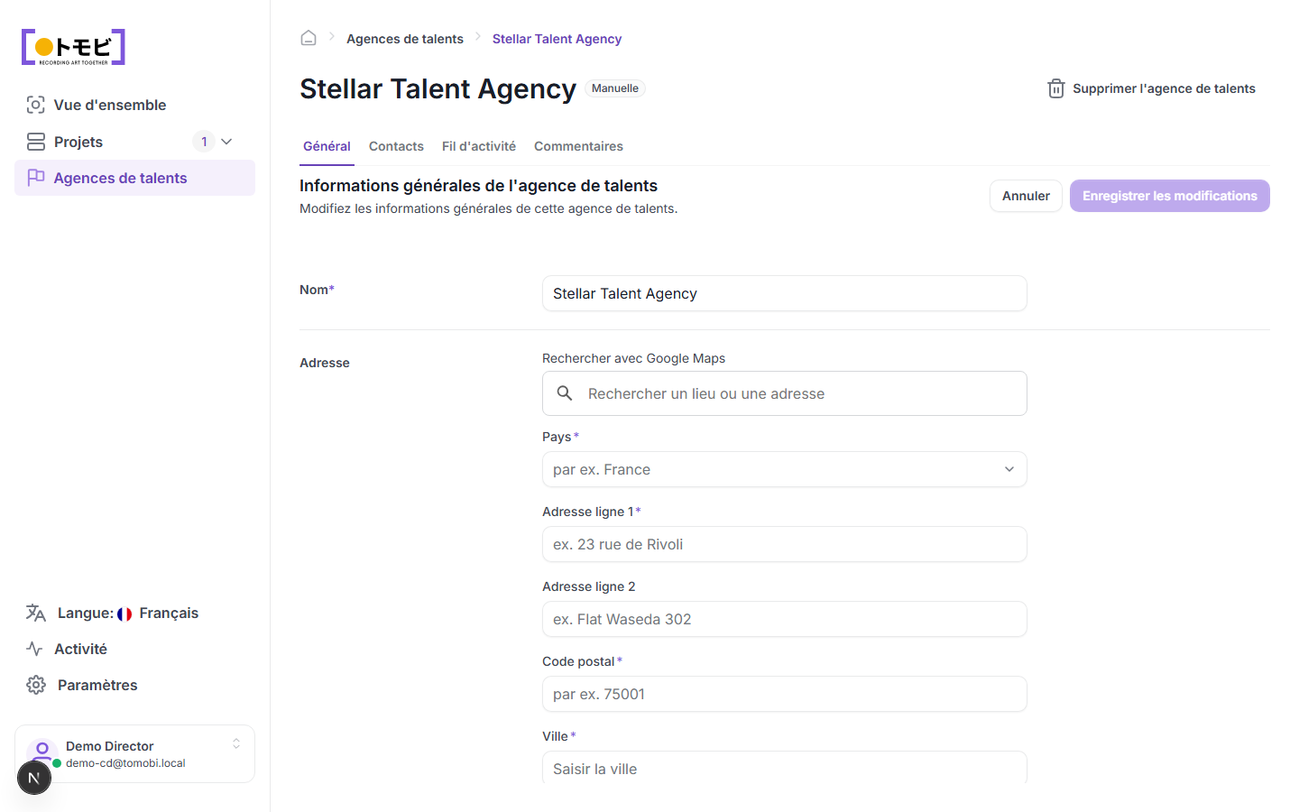 La page de détail de Stellar Talent Agency avec l'onglet Général ouvert affichant le formulaire de nom et d'adresse, et les onglets Général / Contacts / Journal d'activité / Commentaires visibles en haut