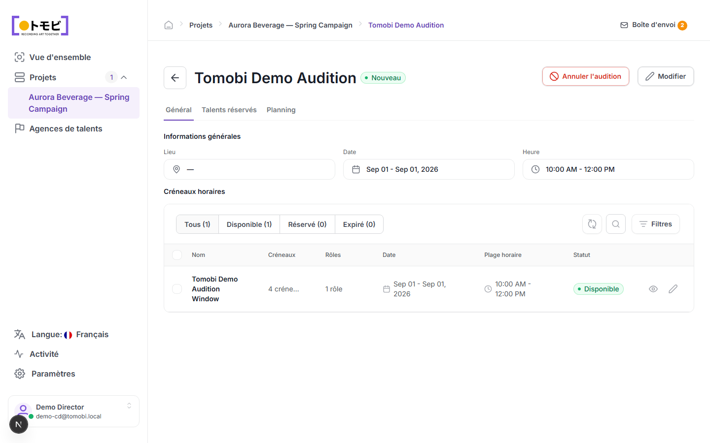La page Tomobi Demo Audition affichant les informations générales, une date du 1 sep. 2026, un horaire de 10h00 à 12h00 et une fenêtre de créneaux disponibles avec 4 places