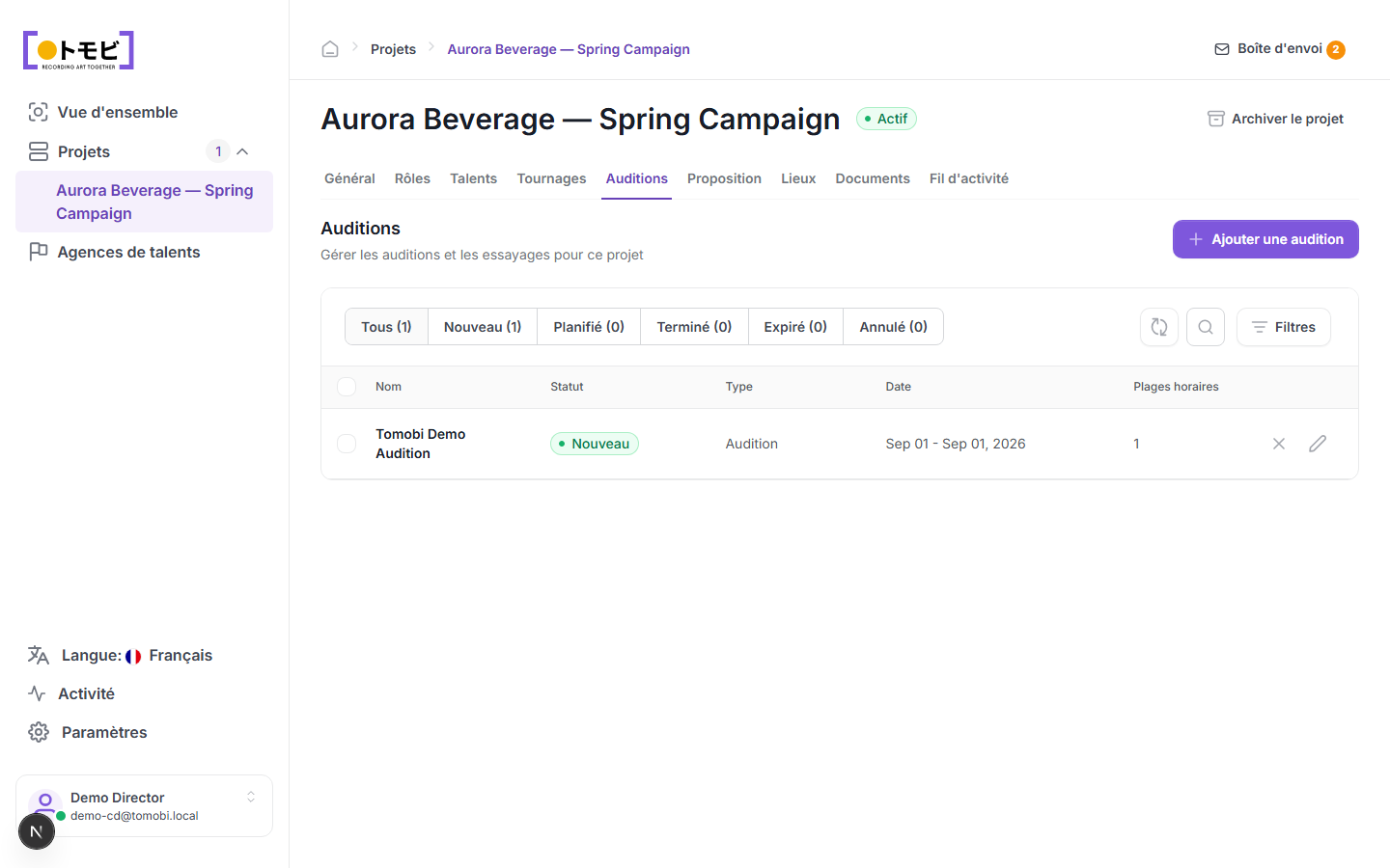 L'onglet Auditions pour Aurora Beverage — Spring Campaign affichant la Tomobi Demo Audition avec le statut Nouvelle, le type Audition et une plage horaire