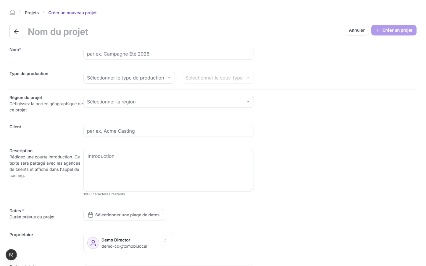 La liste des projets avec le bouton Nouveau projet visible