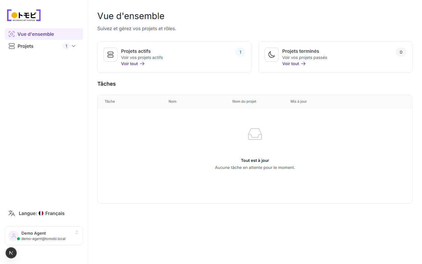 Vue d'ensemble du portail agence affichant le nombre de projets actifs et la liste des tâches