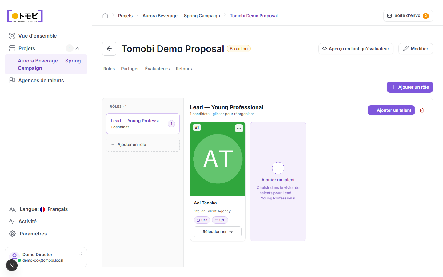 La Tomobi Demo Proposal affichant un rôle (Lead — Young Professional) avec Aoi Tanaka comme candidate et un espace réservé Ajouter un talent