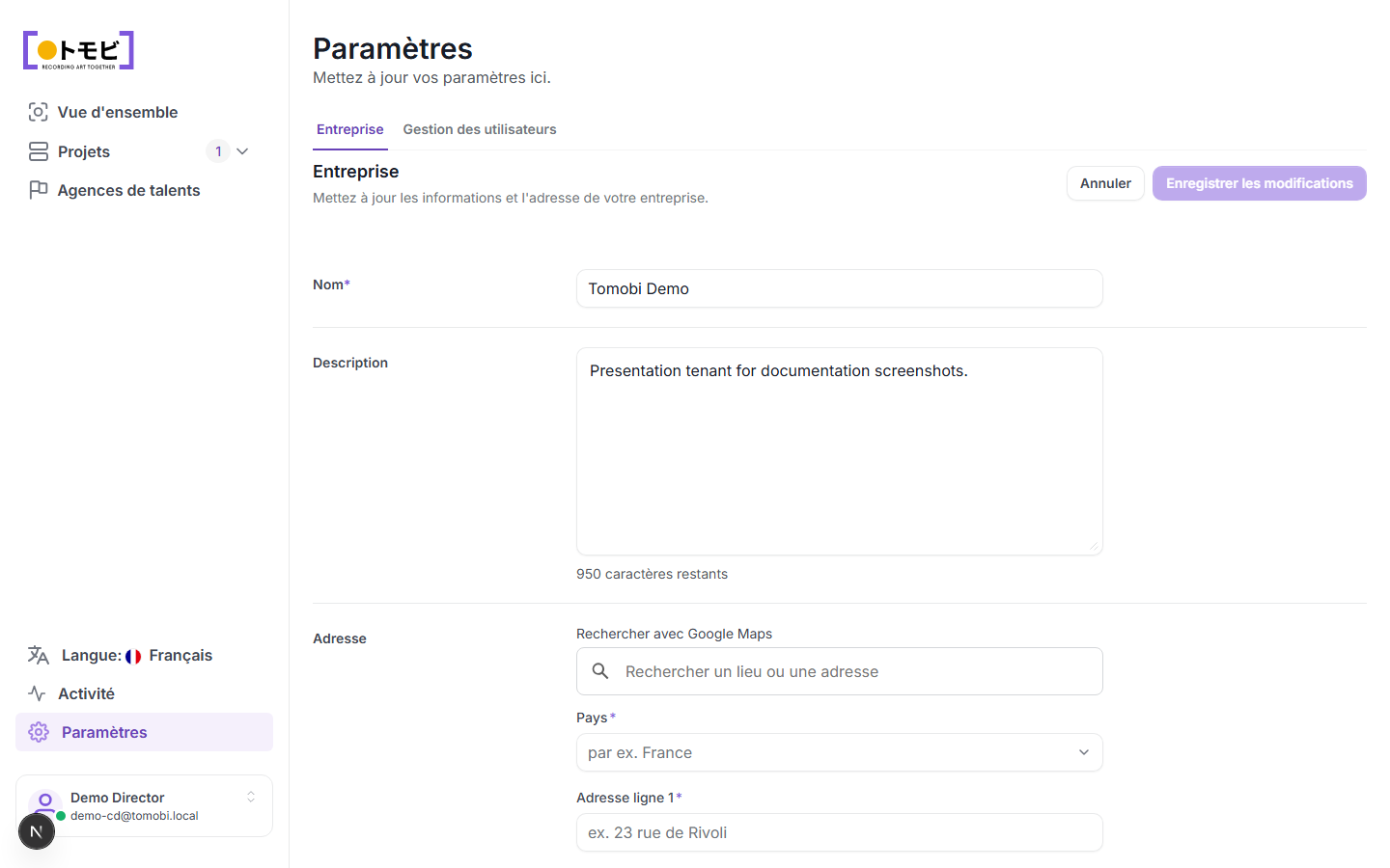 La page Paramètres affichant l'onglet Entreprise avec le nom « Tomobi Demo » et un champ de description, et l'onglet Gestion des utilisateurs visible à côté
