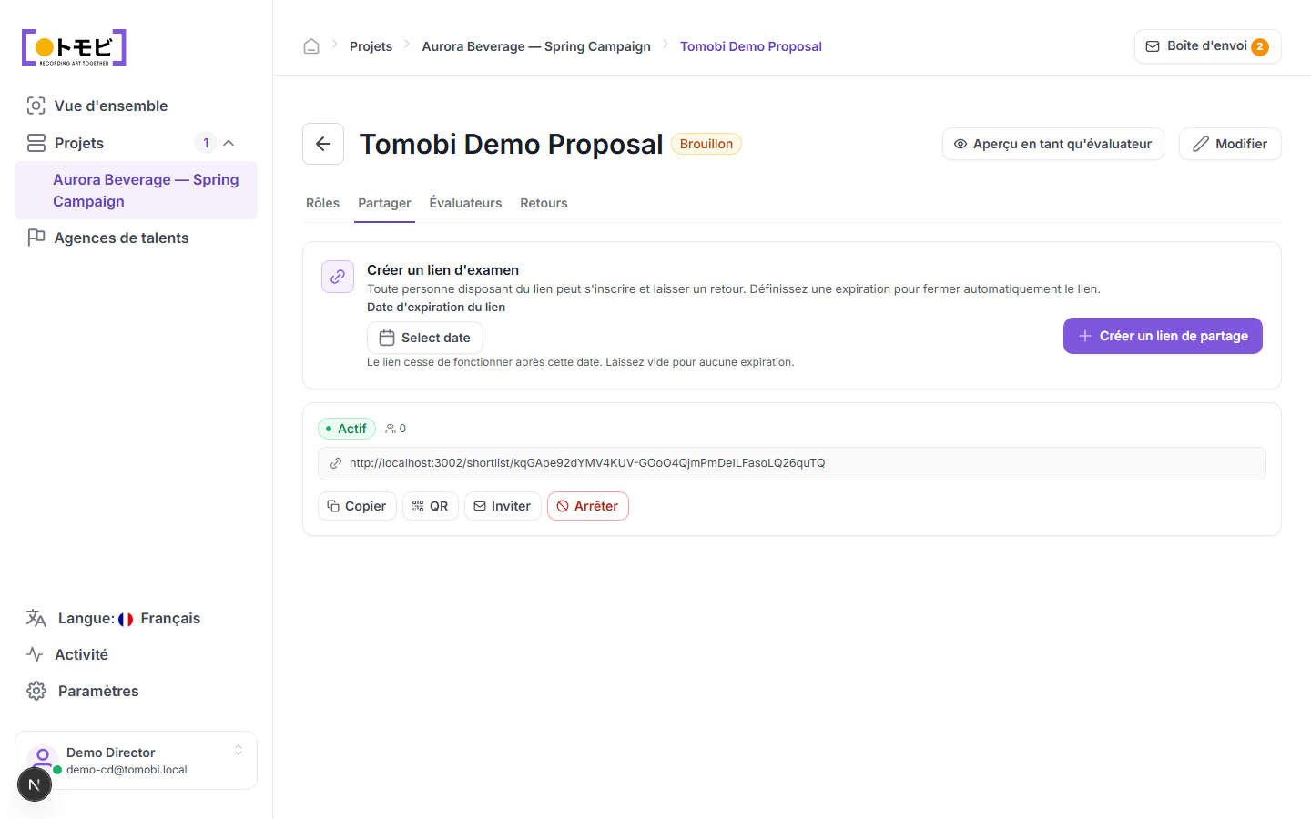 La page de proposition avec l'onglet Partager et les contrôles du lien relecteur