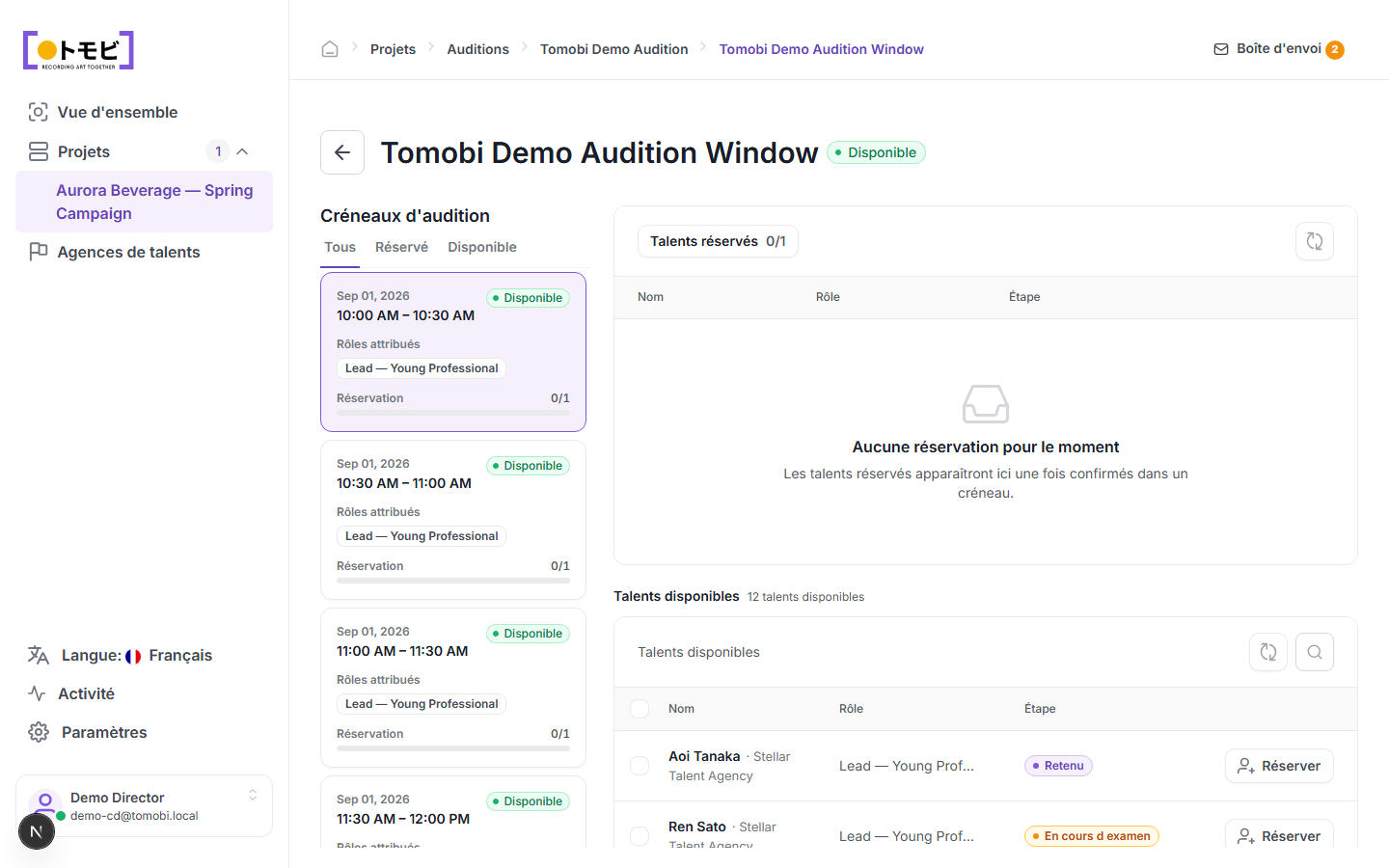 La Tomobi Demo Audition Window affichant quatre créneaux de 30 minutes à gauche (tous Disponibles, 0/1 réservés, attribués à Lead — Young Professional) et une liste de Talents disponibles à droite avec Aoi Tanaka et Ren Sato de Stellar Talent Agency