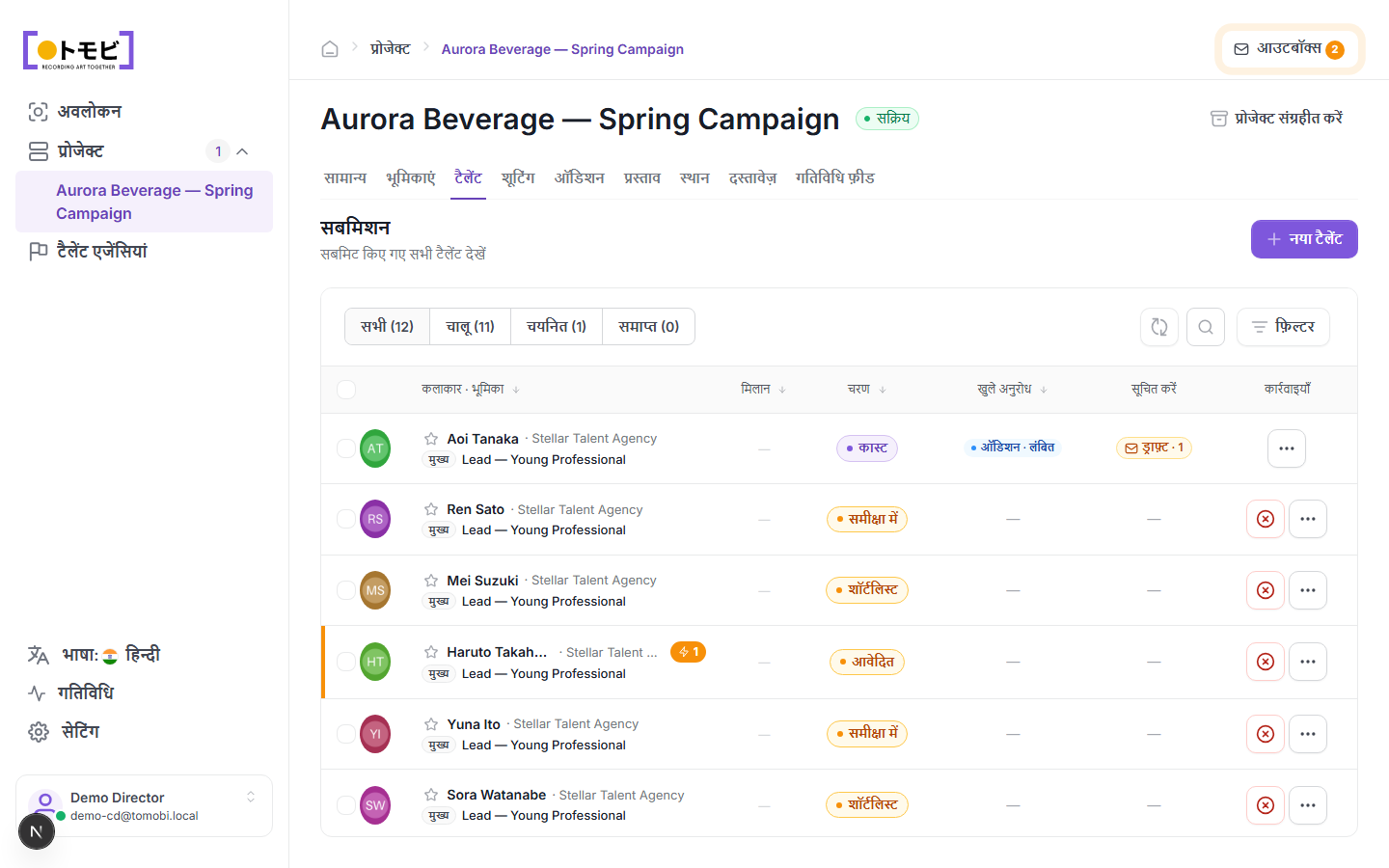 Aurora Beverage — Spring Campaign के Talents tab में Applied, Reviewing, Shortlisted और Cast सहित विभिन्न stages में 12 submissions दिख रहे हैं