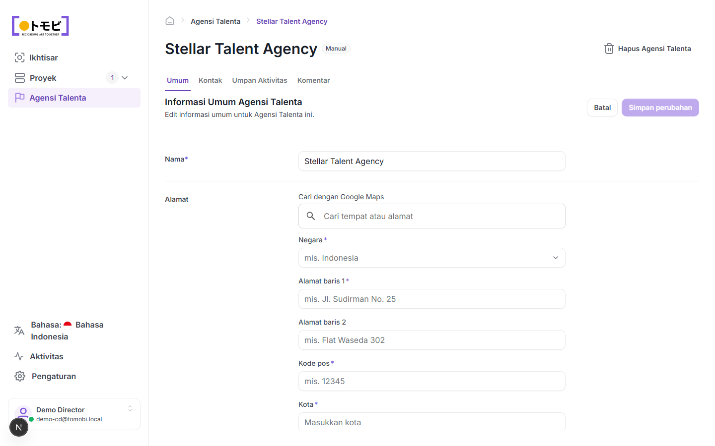 Halaman detail Stellar Talent Agency dengan tab General terbuka yang menampilkan formulir nama dan alamat, serta tab General / Contacts / Activity Feed / Comments yang terlihat di bagian atas