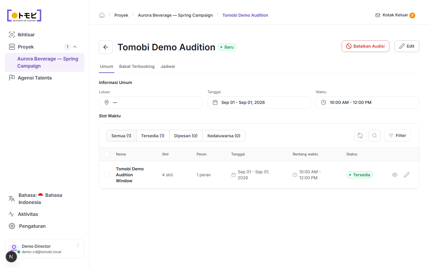 Halaman Tomobi Demo Audition yang menampilkan info umum, tanggal 1 Sep 2026, waktu 10:00 AM – 12:00 PM, dan satu jendela timeslot tersedia dengan 4 slot